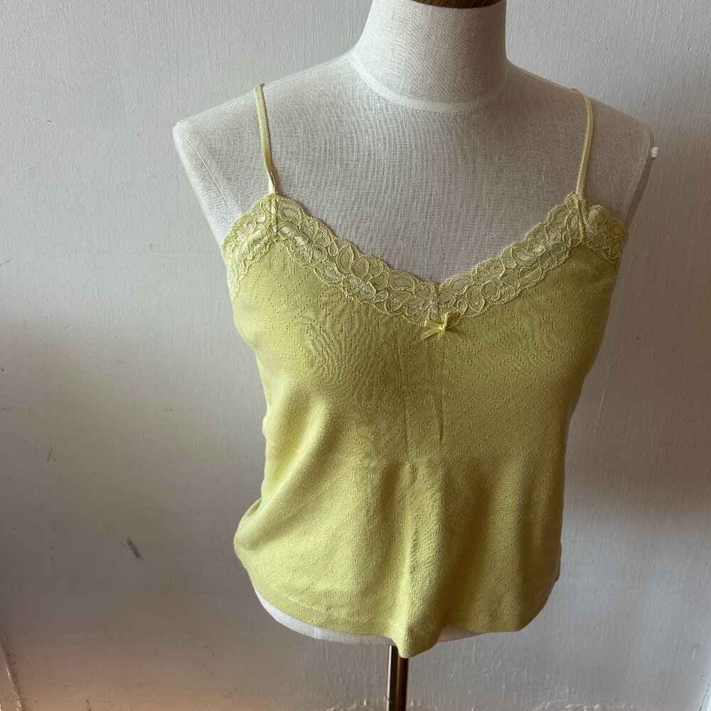 Bluelita Y2K Babydoll Tank Top Womens Large Yellow Lace V-neck Adjustable Straps